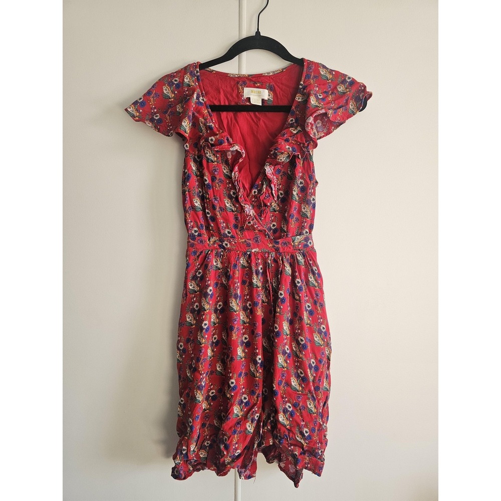 Maeve Dress Womens 4 Red Floral Wrap Hi Low Anthropologie V Neck Flutter Boho